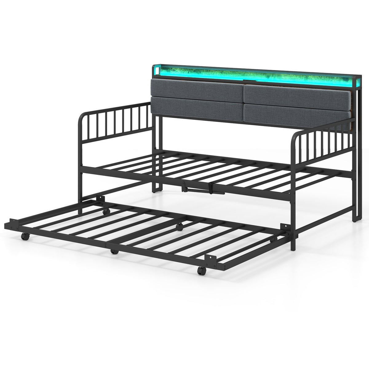 Twin Size Daybed with Trundle and Metal Bed Frame with Headboard-Rustic Brown view 4
