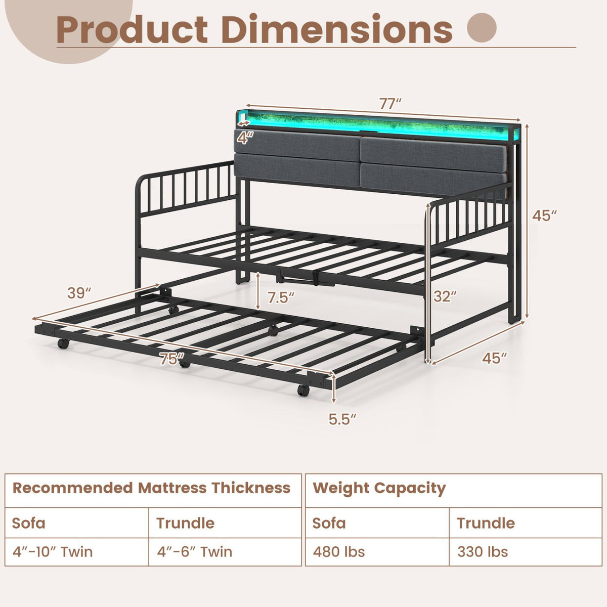 Twin Size Daybed with Trundle and Metal Bed Frame with Headboard-Rustic Brown view 5