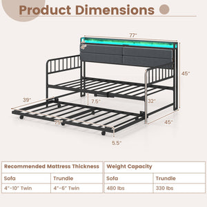 Twin Size Daybed with Trundle and Metal Bed Frame with Headboard-Rustic Brown view 5