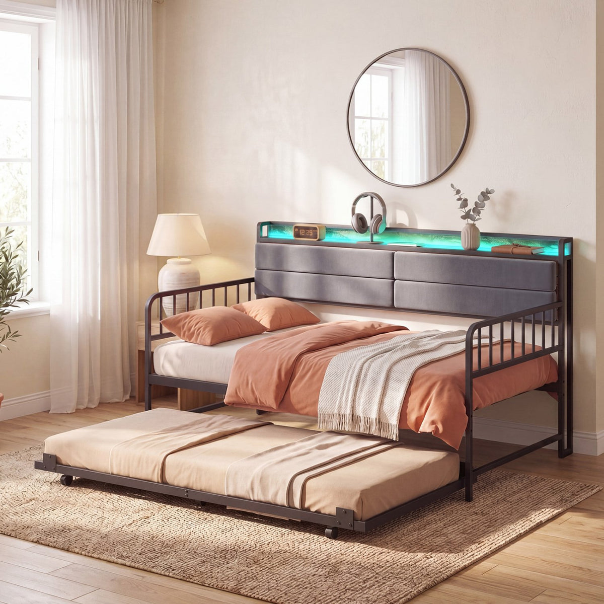 Twin Size Daybed with Trundle and Metal Bed Frame with Headboard-Rustic Brown view 6