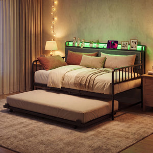 Twin Size Daybed with Trundle and Metal Bed Frame with Headboard-Rustic Brown view 7