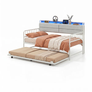Twin Size Daybed with Trundle and Metal Bed Frame with Headboard-White