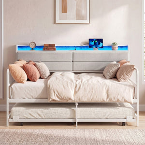 Twin Size Daybed with Trundle and Metal Bed Frame with Headboard-White view 2