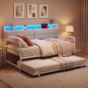 Twin Size Daybed with Trundle and Metal Bed Frame with Headboard-White view 3