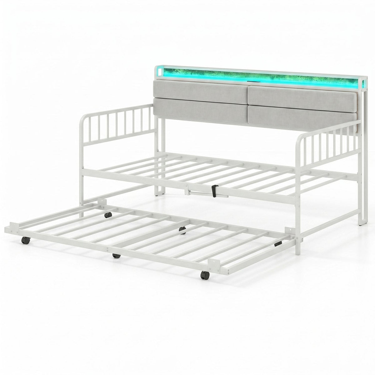 Twin Size Daybed with Trundle and Metal Bed Frame with Headboard-White view 4