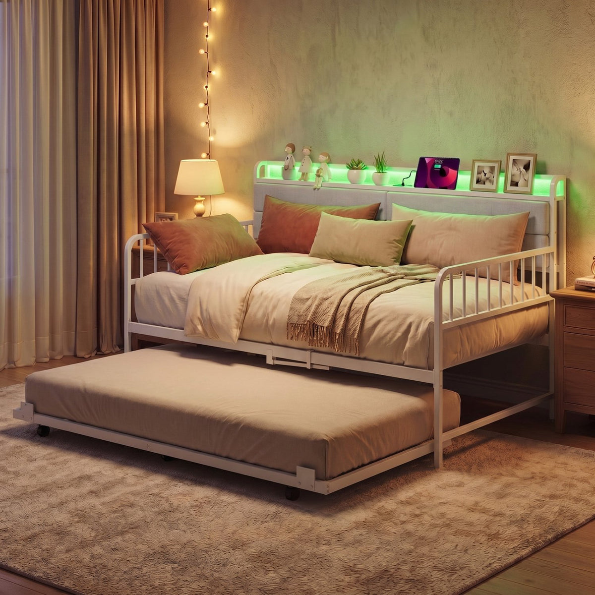 Twin Size Daybed with Trundle and Metal Bed Frame with Headboard-White view 6