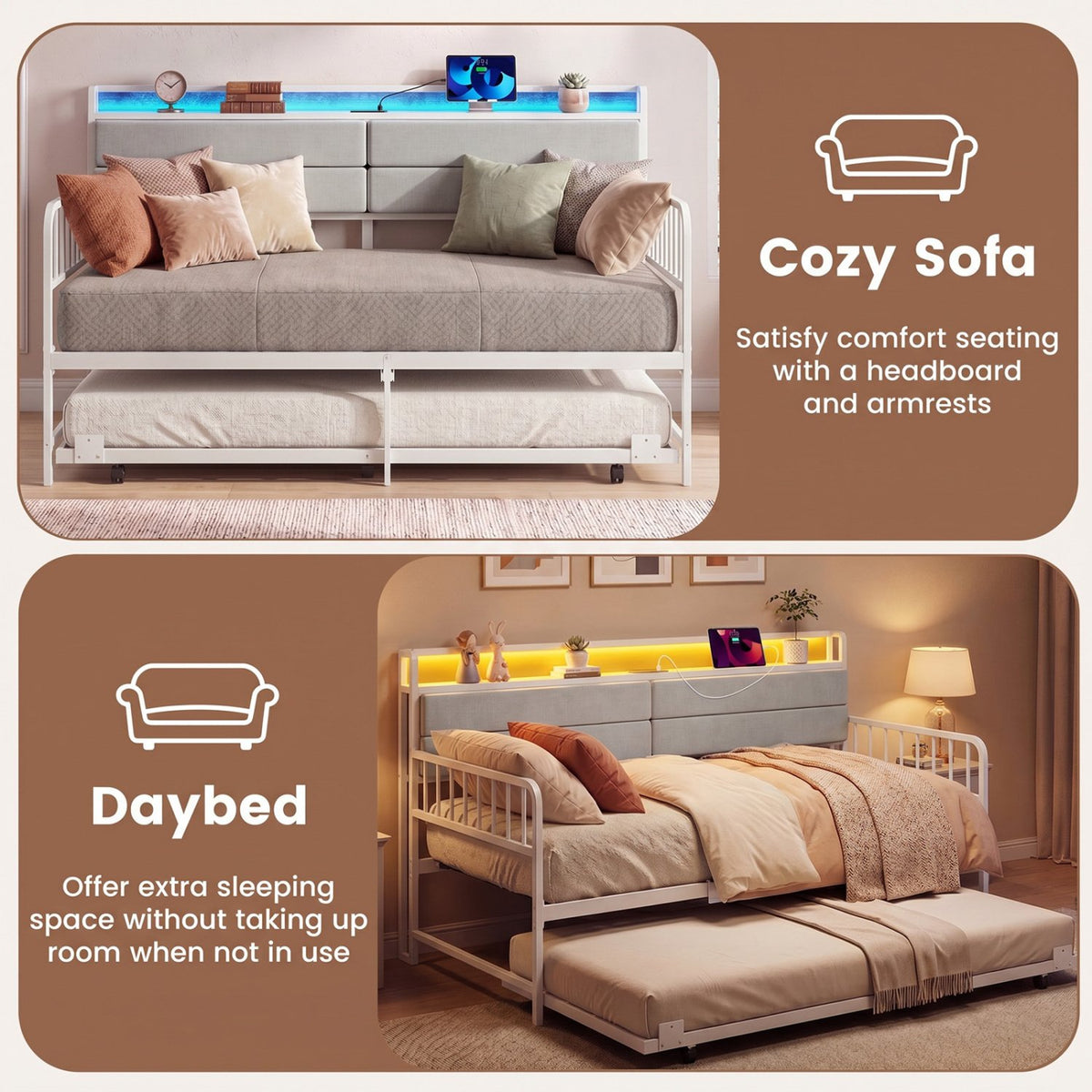 Twin Size Daybed with Trundle and Metal Bed Frame with Headboard-White view 9