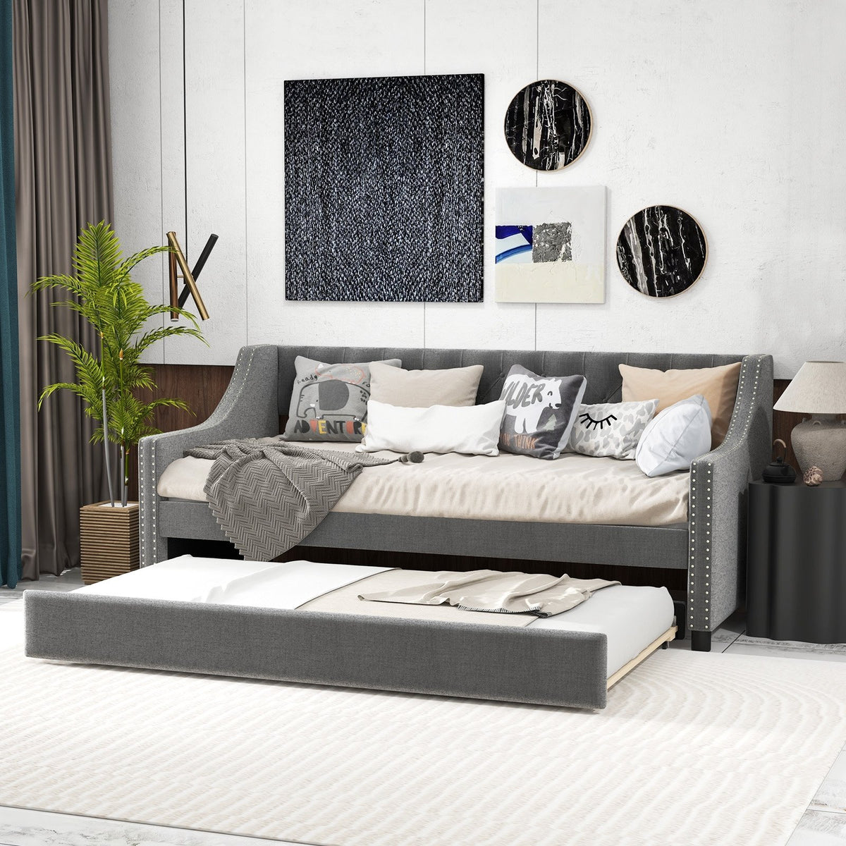 Twin Size Daybed with Trundle Sofa Bed with Curved Armrests and Backrest-Gray view 2