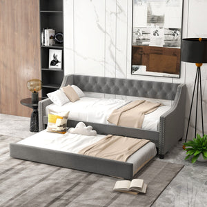 Twin Size Daybed with Trundle Sofa Bed with Curved Armrests and Backrest-Gray view 3