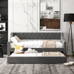 Twin Size Daybed with Trundle Sofa Bed with Curved Armrests and Backrest-Gray view 5