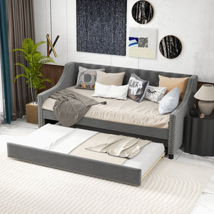Twin Size Daybed with Trundle Sofa Bed with Curved Armrests and Backrest-Gray view 6