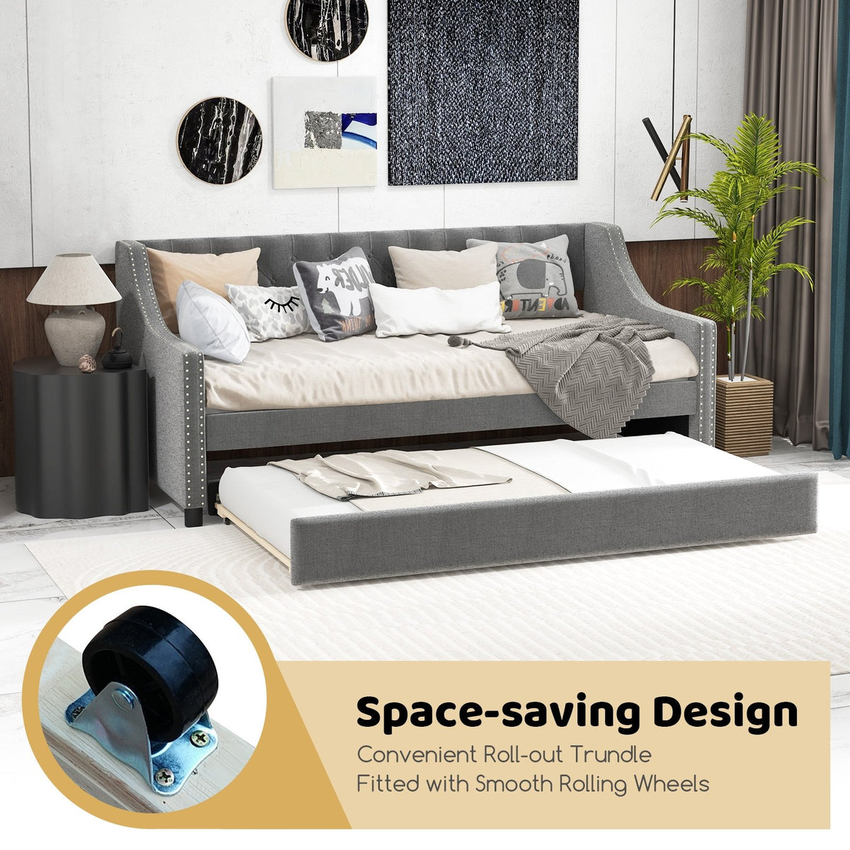 Twin Size Daybed with Trundle Sofa Bed with Curved Armrests and Backrest-Gray view 8