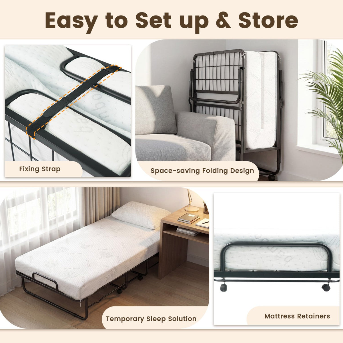 Twin Size Folding Bed with 5-inch Mattress and Metal Frame for Apartment view 8