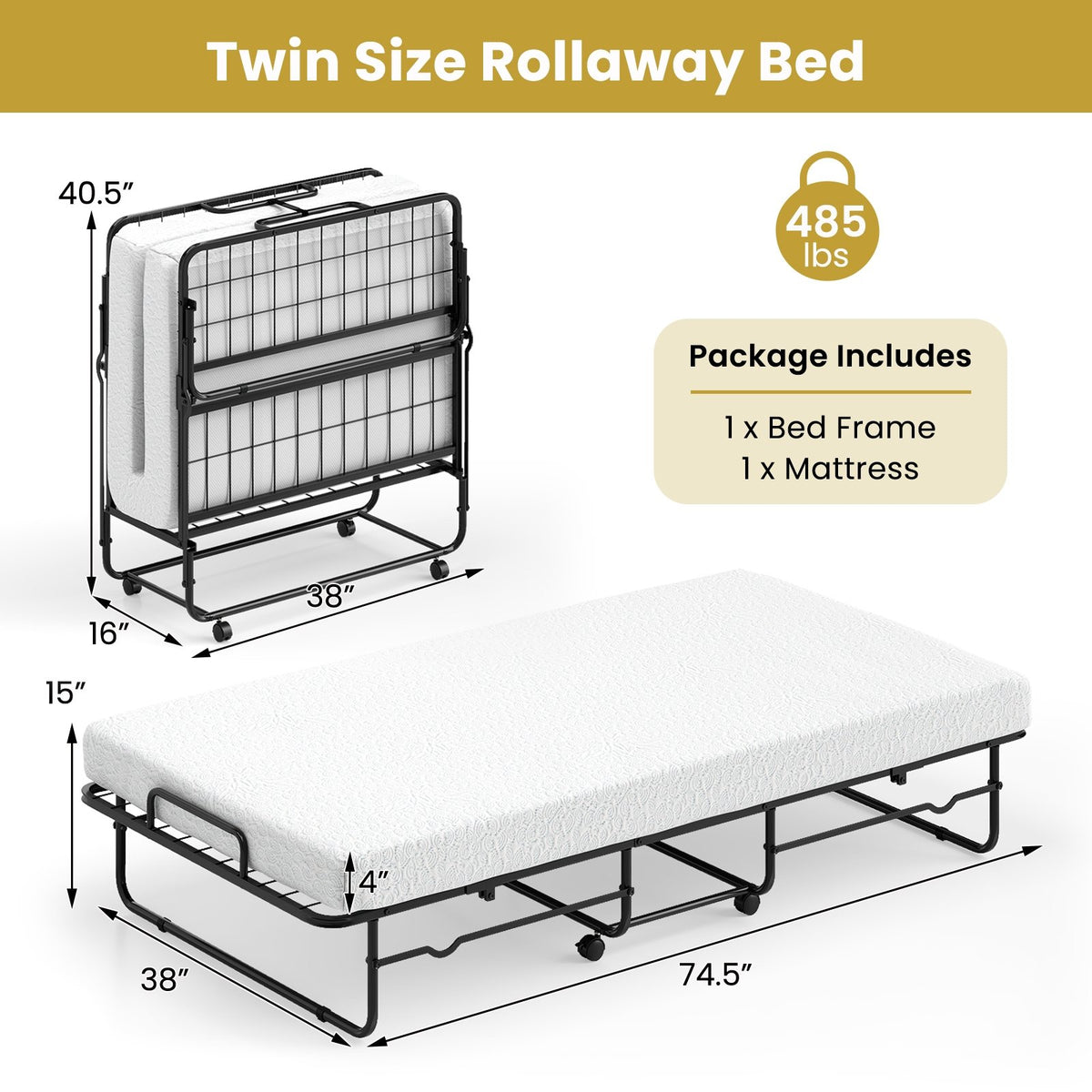 Twin Size Folding Bed with Memory Foam Mattress and Heavy-duty Metal Frame view 4