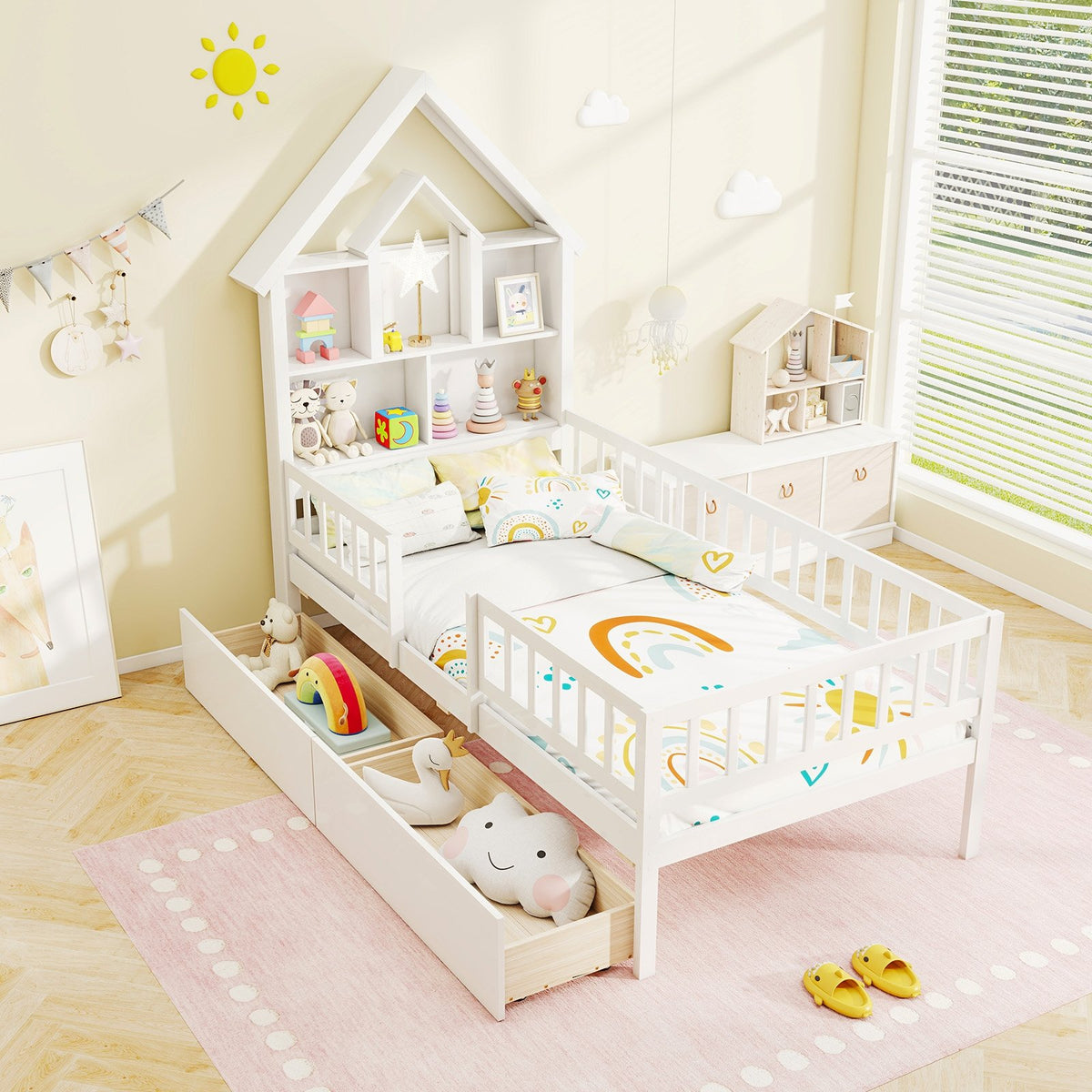 Twin Size House Bed Kids Montessori Bed with House-Shaped Storage Headboard-White view 2