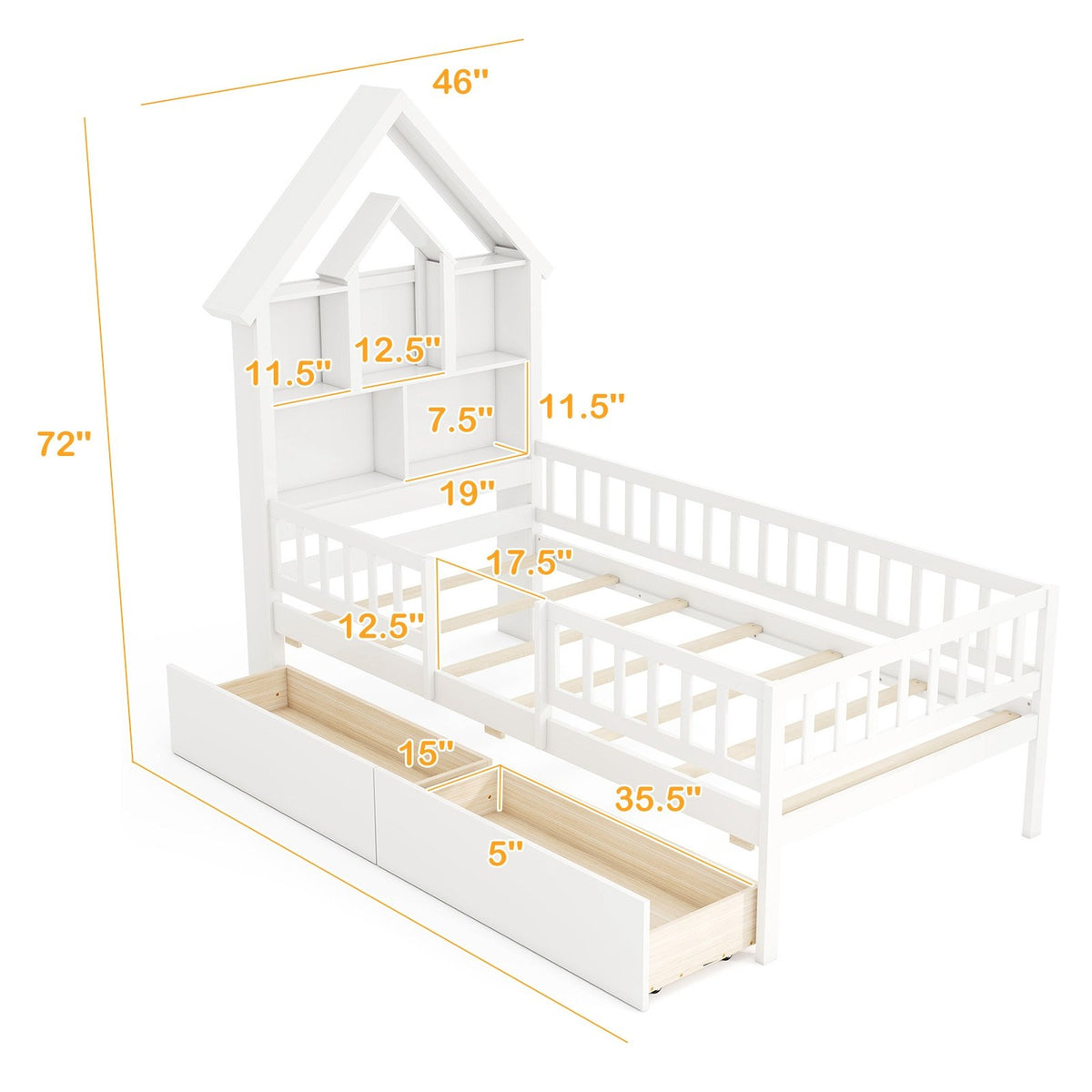 Twin Size House Bed Kids Montessori Bed with House-Shaped Storage Headboard-White view 4