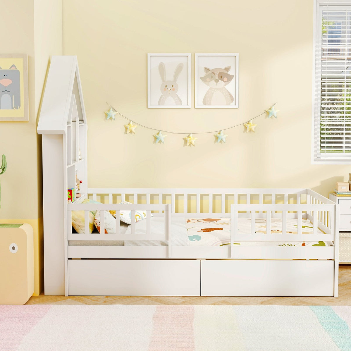 Twin Size House Bed Kids Montessori Bed with House-Shaped Storage Headboard-White view 6