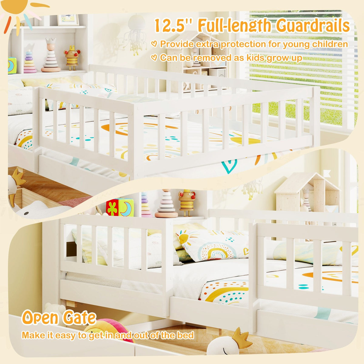 Twin Size House Bed Kids Montessori Bed with House-Shaped Storage Headboard-White view 8