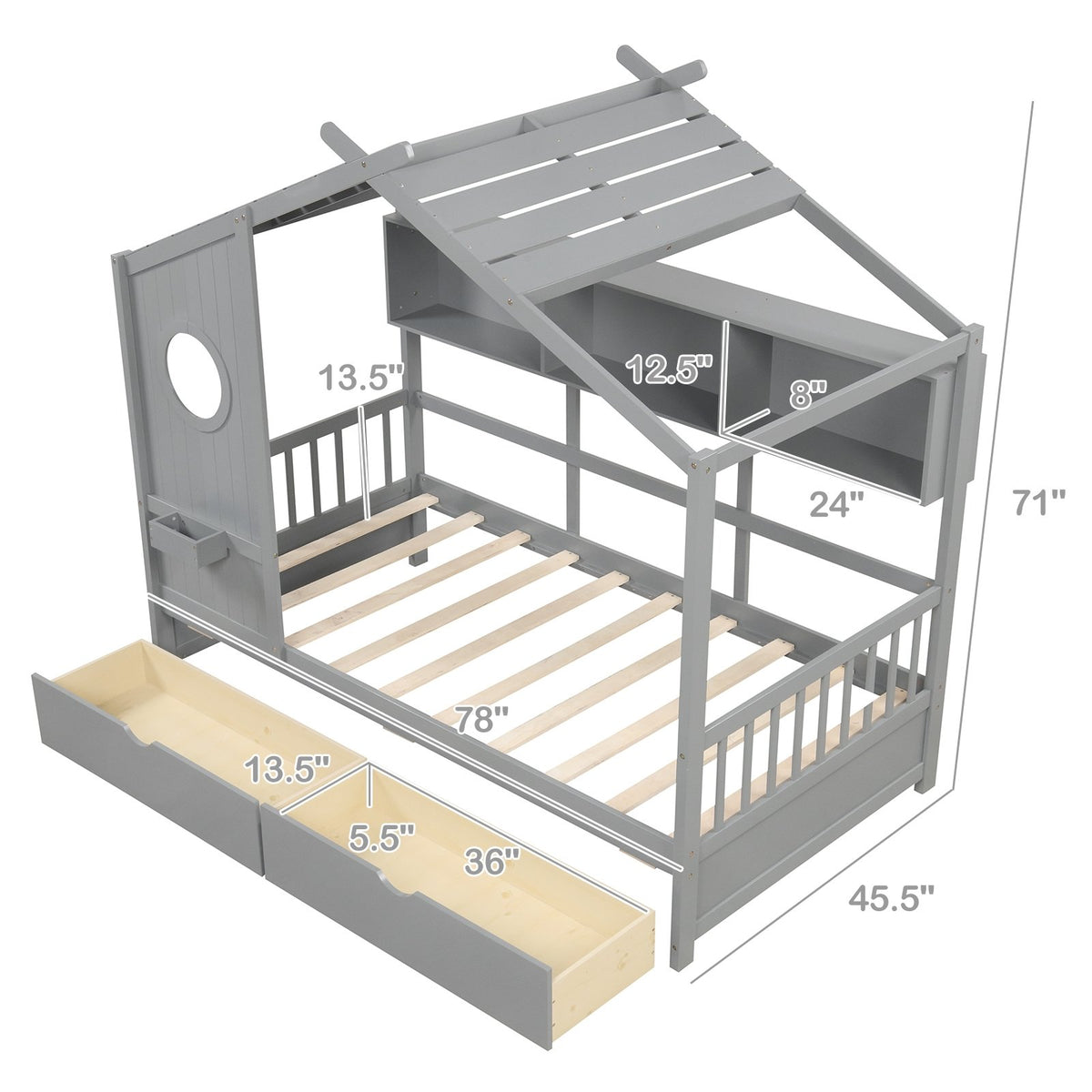 Twin Size House Bed with 2 Storage Drawers and Fence Guardrails-Gray view 4