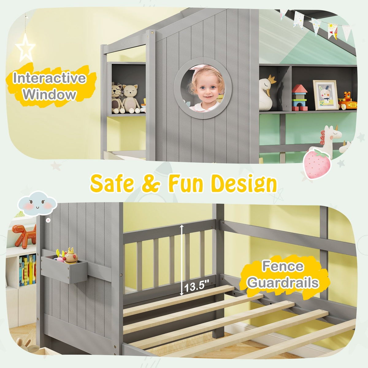 Twin Size House Bed with 2 Storage Drawers and Fence Guardrails-Gray view 7