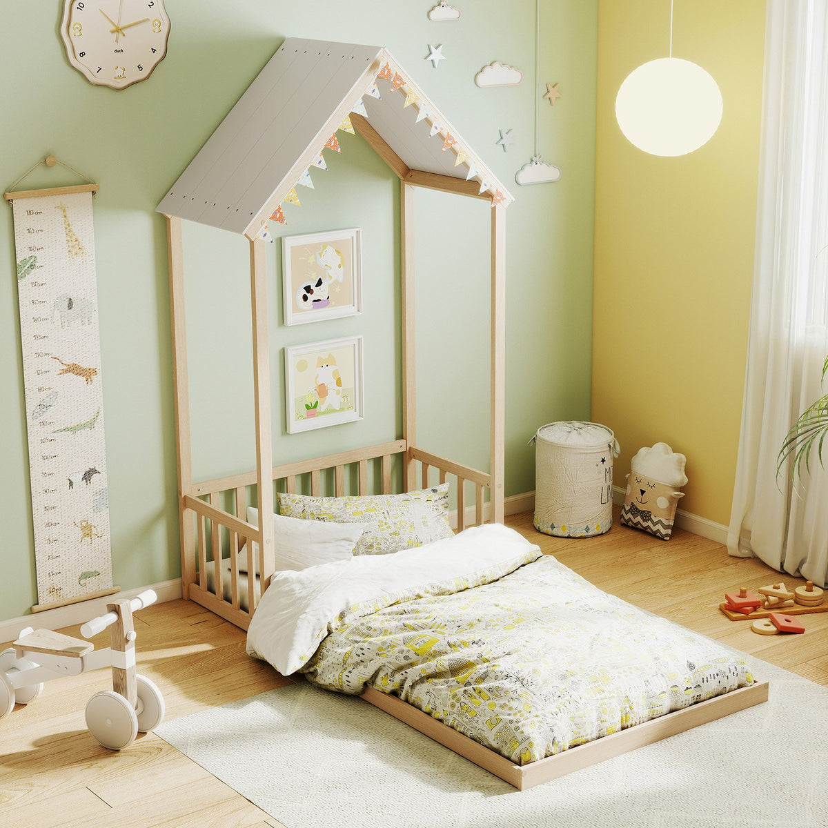 Twin Size House Bed with House Shape Roof and Semi-Fence-Natural view 2