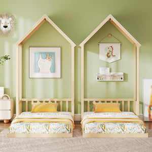 Twin Size House Bed with House Shape Roof and Semi-Fence-Natural view 3