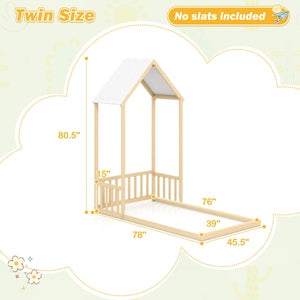 Twin Size House Bed with House Shape Roof and Semi-Fence-Natural view 4