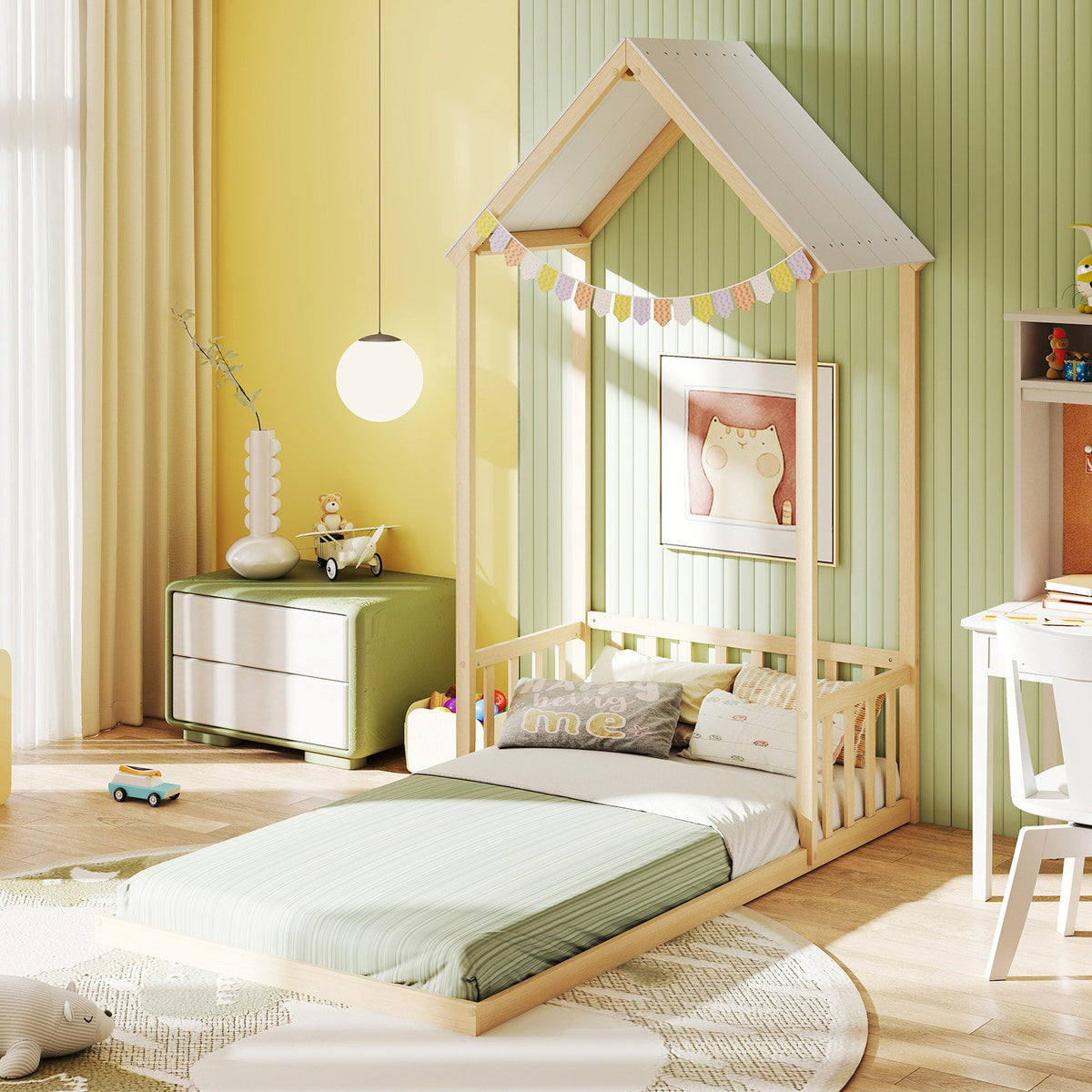 Twin Size House Bed with House Shape Roof and Semi-Fence-Natural view 5