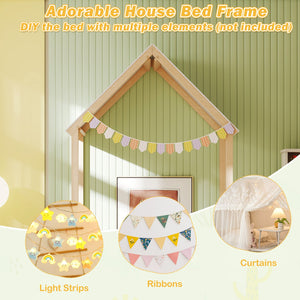Twin Size House Bed with House Shape Roof and Semi-Fence-Natural view 6