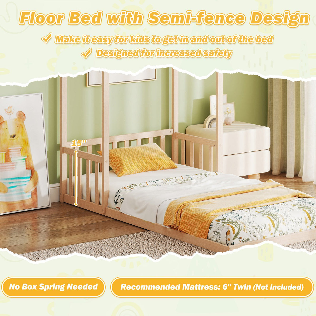 Twin Size House Bed with House Shape Roof and Semi-Fence-Natural view 7