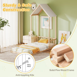 Twin Size House Bed with House Shape Roof and Semi-Fence-Natural view 8