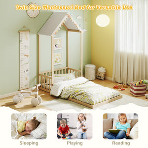 Twin Size House Bed with House Shape Roof and Semi-Fence-Natural view 9