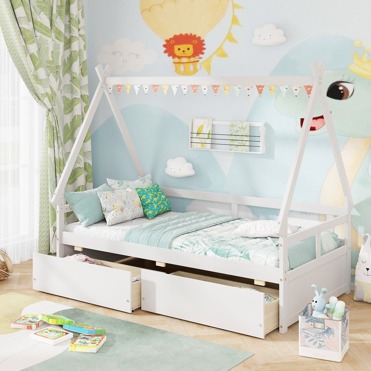 Twin Size House Bed with Roof and Safety Guardrail-White view 2