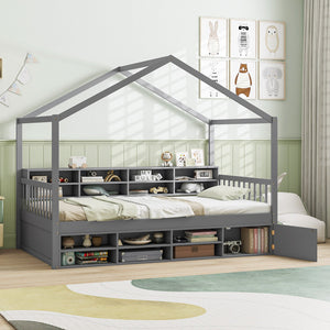 Twin Size House Bed with Roof with 14 Storage Cubes and Enclosed Cabinet-Gray view 2