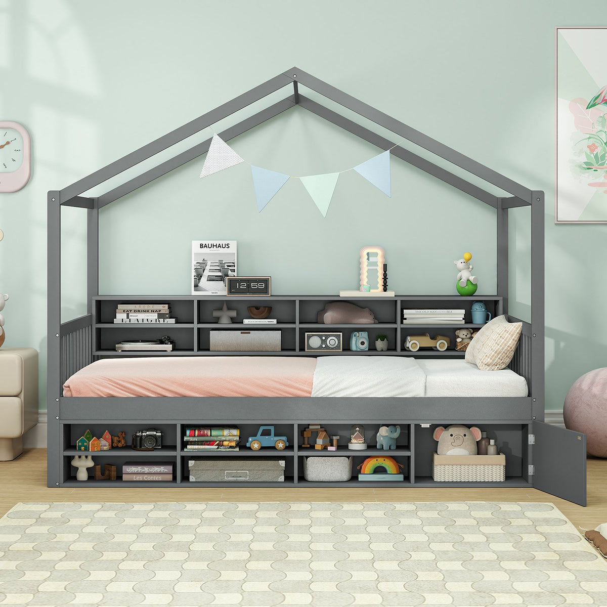Twin Size House Bed with Roof with 14 Storage Cubes and Enclosed Cabinet-Gray view 3