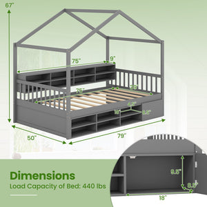 Twin Size House Bed with Roof with 14 Storage Cubes and Enclosed Cabinet-Gray view 4