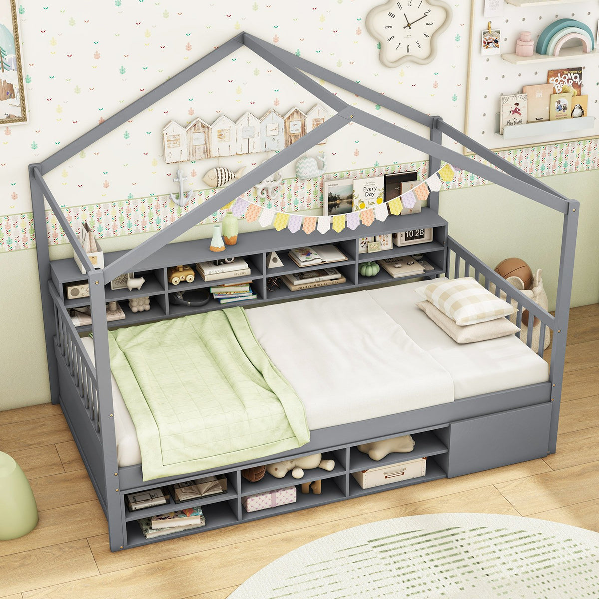 Twin Size House Bed with Roof with 14 Storage Cubes and Enclosed Cabinet-Gray view 5