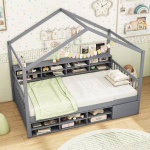 Twin Size House Bed with Roof with 14 Storage Cubes and Enclosed Cabinet-Gray view 5