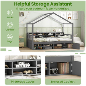 Twin Size House Bed with Roof with 14 Storage Cubes and Enclosed Cabinet-Gray view 8