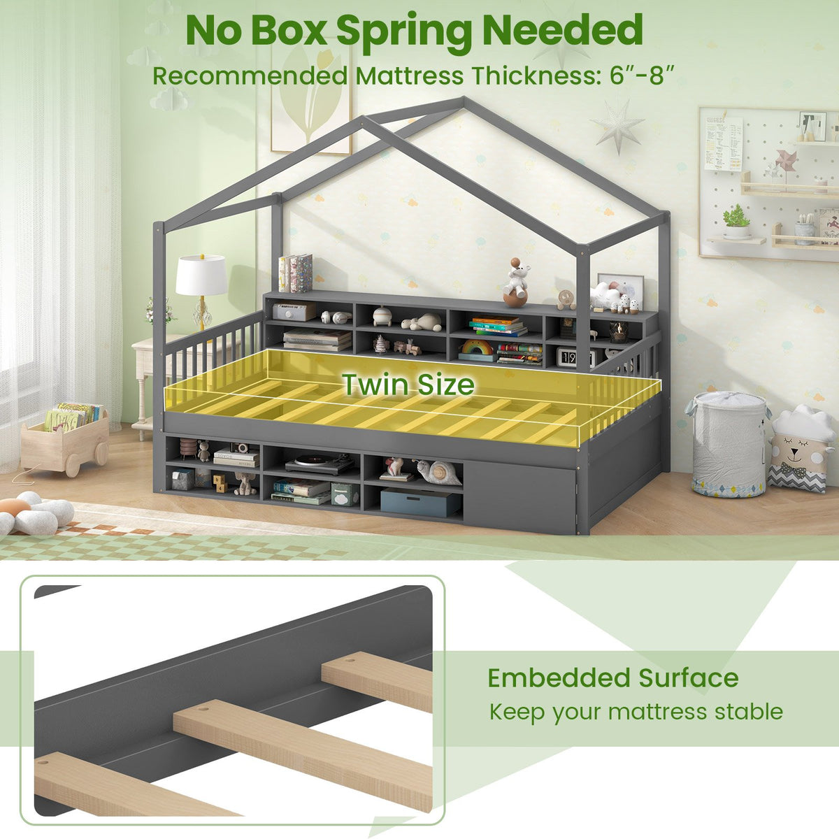 Twin Size House Bed with Roof with 14 Storage Cubes and Enclosed Cabinet-Gray view 9