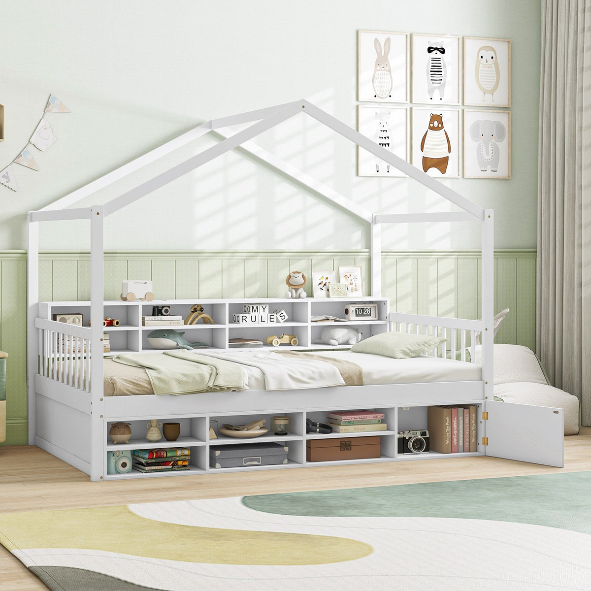 Twin Size House Bed with Roof with 14 Storage Cubes and Enclosed Cabinet-White view 2
