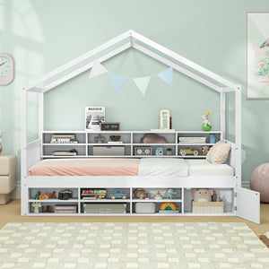 Twin Size House Bed with Roof with 14 Storage Cubes and Enclosed Cabinet-White view 3