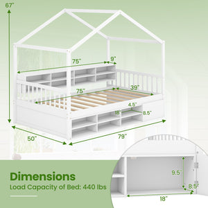 Twin Size House Bed with Roof with 14 Storage Cubes and Enclosed Cabinet-White view 4