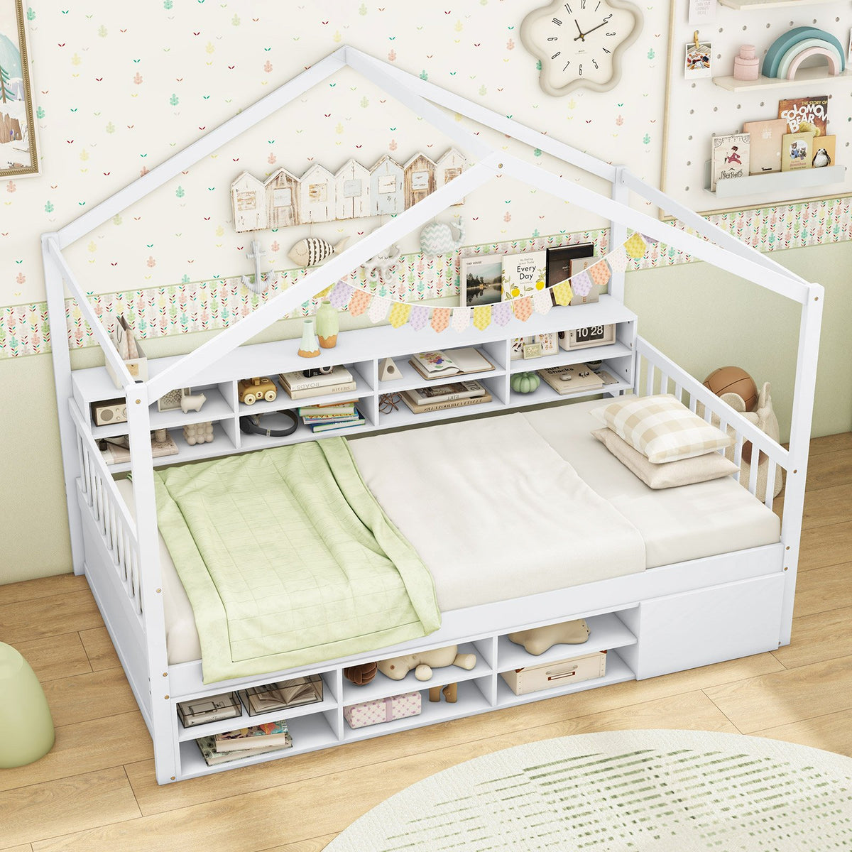 Twin Size House Bed with Roof with 14 Storage Cubes and Enclosed Cabinet-White view 5