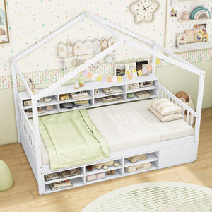 Twin Size House Bed with Roof with 14 Storage Cubes and Enclosed Cabinet-White view 5