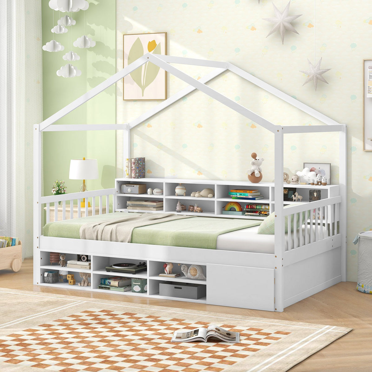 Twin Size House Bed with Roof with 14 Storage Cubes and Enclosed Cabinet-White view 6