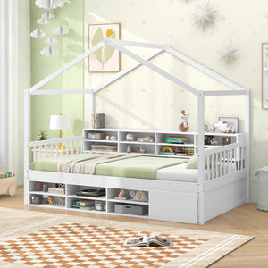Twin Size House Bed with Roof with 14 Storage Cubes and Enclosed Cabinet-White view 6