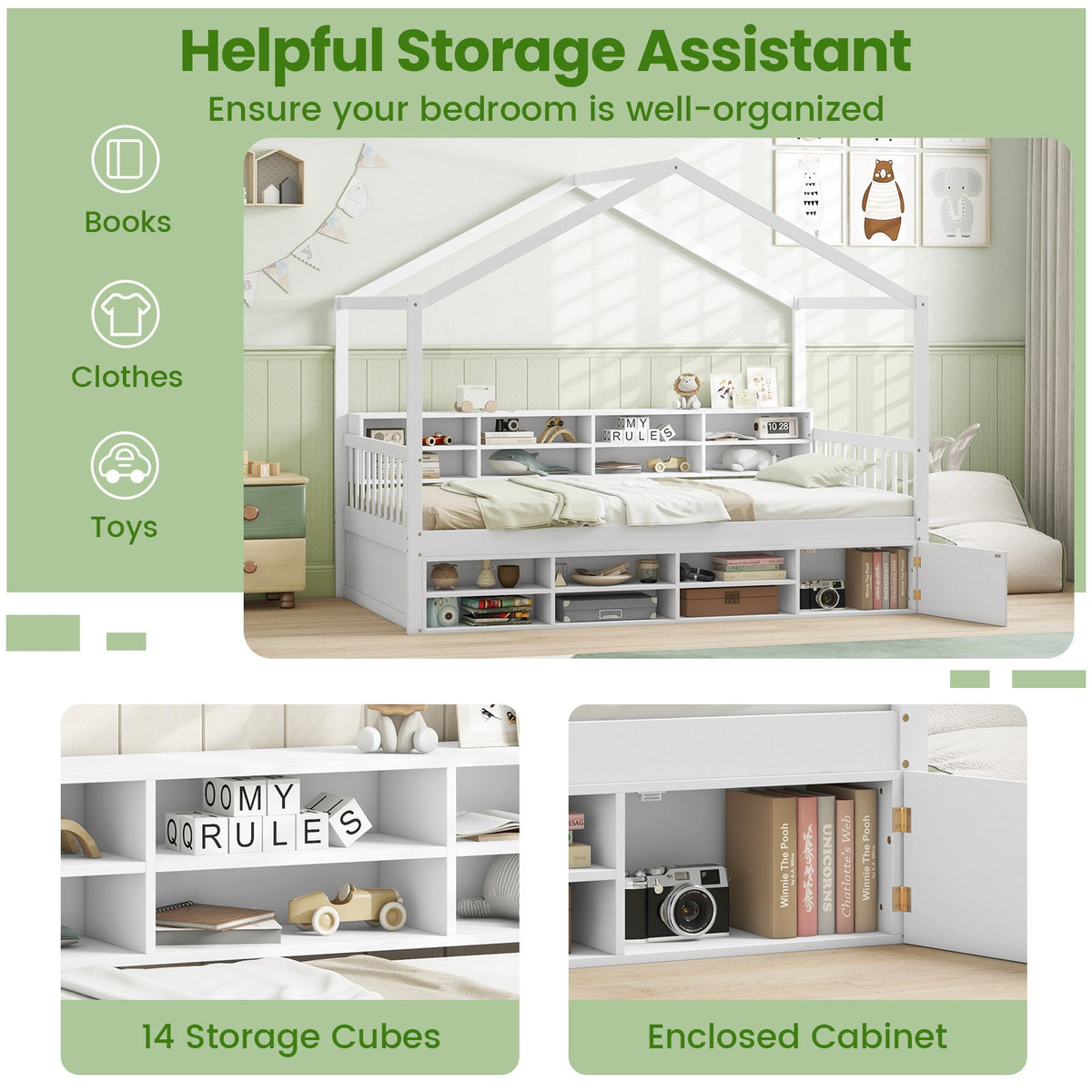 Twin Size House Bed with Roof with 14 Storage Cubes and Enclosed Cabinet-White view 8
