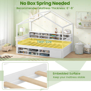Twin Size House Bed with Roof with 14 Storage Cubes and Enclosed Cabinet-White view 9