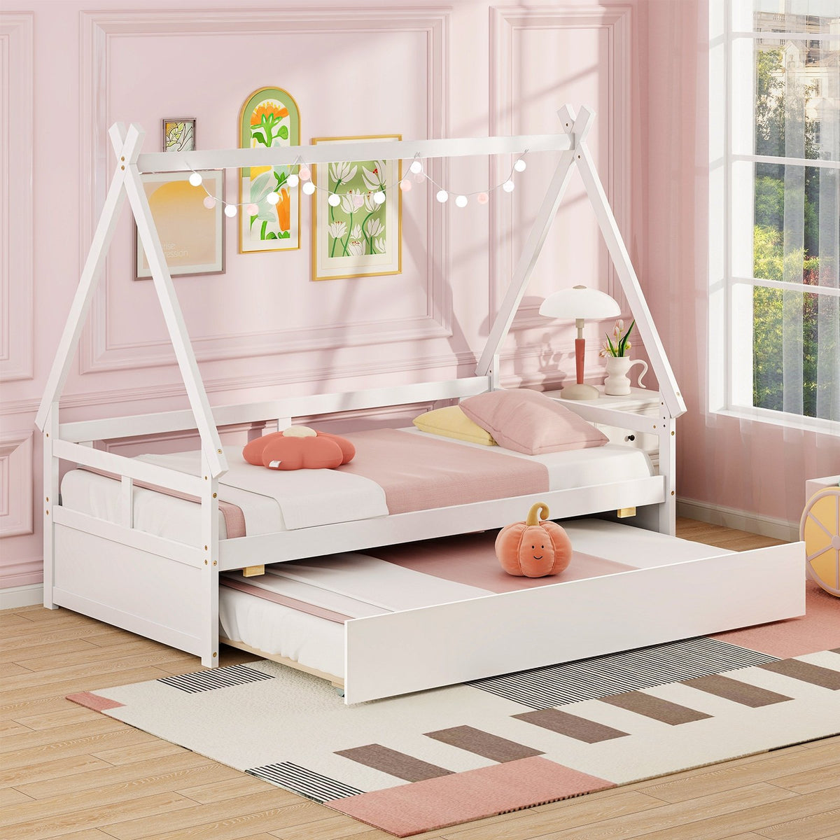 Twin Size House Bed with Trundle and Safety Guardrail-White view 2